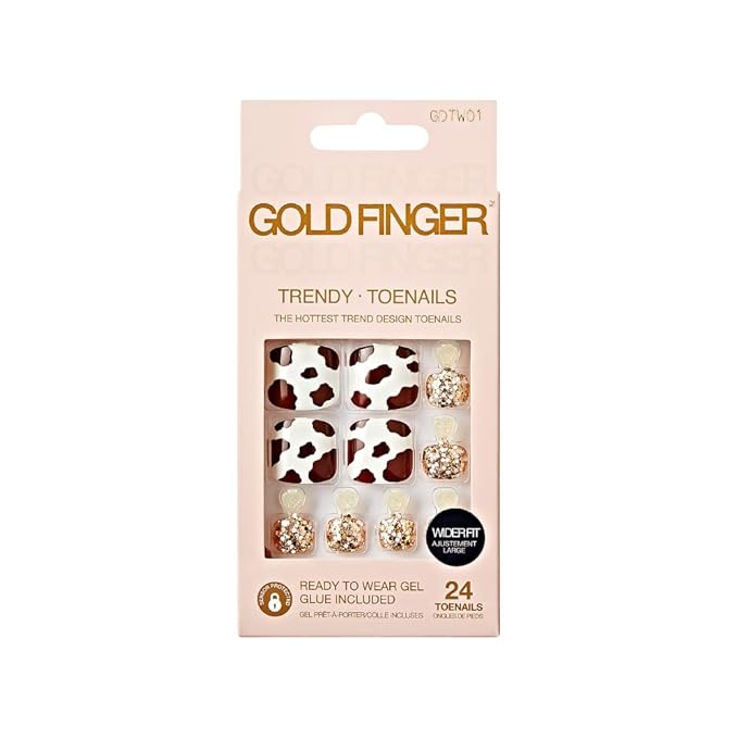GoldFinger Trendy Press On Fake Toenail Wider Fit, Cow Animal Print & Glittering Metallic Gold Color, Ready to Wear Gel & Manicure Stick, Mini Glue included, Long-Lasting Convenient & Easy to Apply
