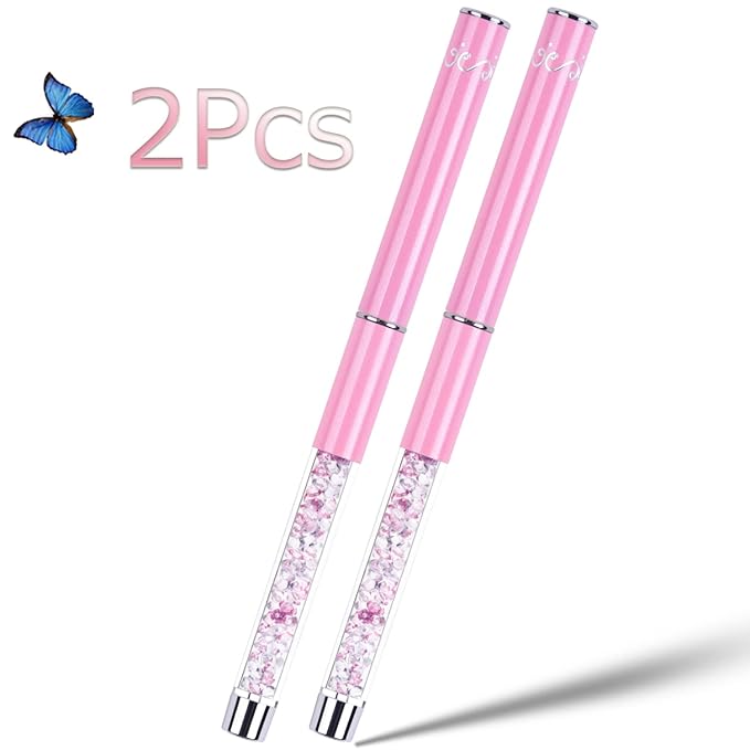 2Pcs Oval & Flat UV Builder Gel Nail Brush Set Rhinestone Handle Polygel Hard Gel Nail Art Brushes Pink