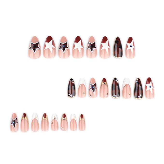Stars & Tortoise Press on Nails Medium Almond Fake Nails Fall Winter Nails Press ons with Design,Full Cover Stick on Nails for Women Manicure,Reusable | Artificial | Easy Apply | 24Pcs