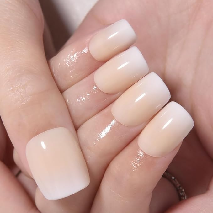 Khaki White Ombre Press on Nails, Short Square Acrylic Fake Nails Design, Natural Reusable Nails Kit for Women DIY False Nail Art Decoration Gift, Salon Quality Reusable 15/30 Pcs