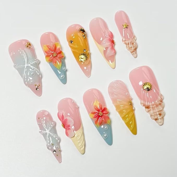 10Pcs Press On Nails Stiletto Shape Hnadmade Fake Nails, French Shell Acrylic Nails, Reusable Artificial Gold Plated Decoration Stiletto False Nails for Women (Size M)