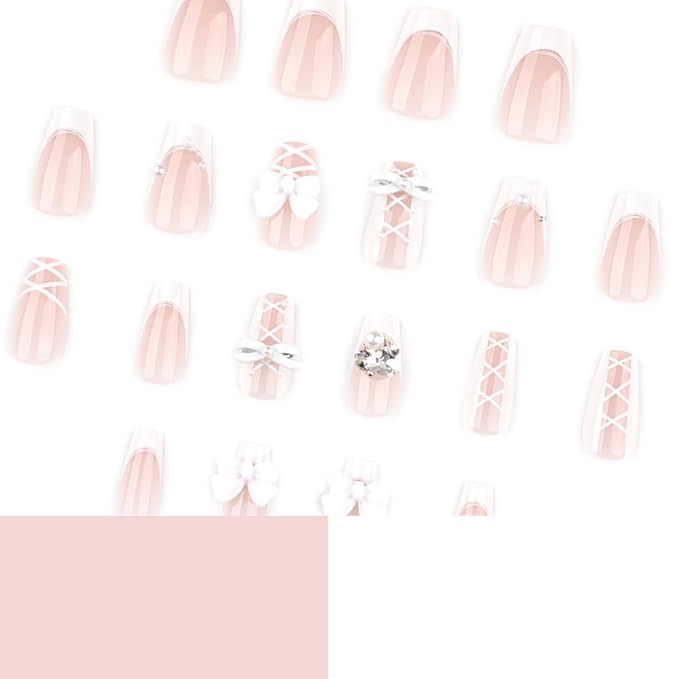 White Press on Nails Medium Coffin Fake Nails French Nails Press ons with Bow Tie Lace Design Full Cover Stick on Nails for Women Manicure,Reusable | Artificial | Nail Sticky Tabs | Easy Apply | 24Pcs
