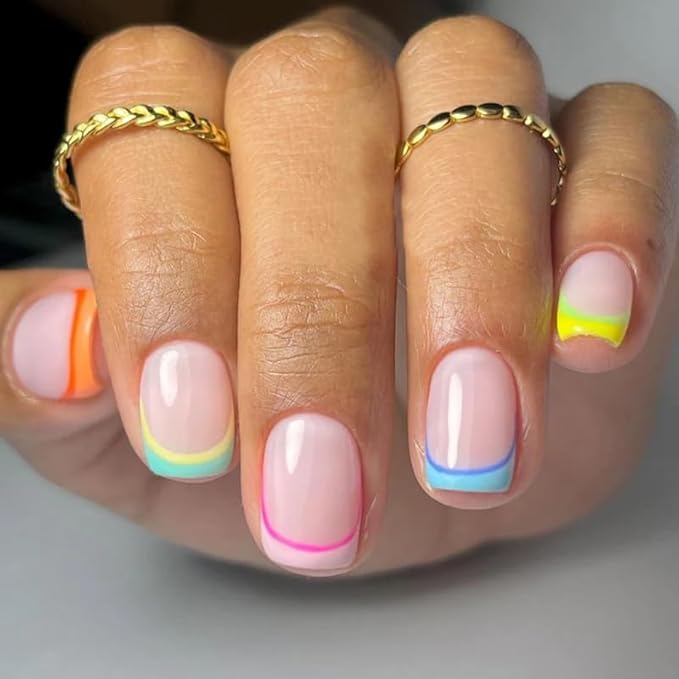 Curvlife Rainbow Short Press On Nails Square Stick On Nails Short Fake Nails Design Glossy Acrylic Nails Stick On Nails Tips Glue On Nails False Nails For Women Nail Kit With Nail Glue