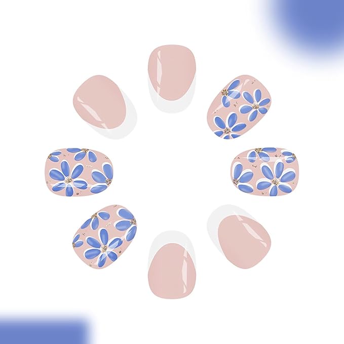 Blue Flowers Press on Nails Short Oval Fake Nails with Floral Designs White French Tip False Nail Glossy Full Cover Artificial Fingernails Spring Summer Stick on Nail for Women 24Pcs