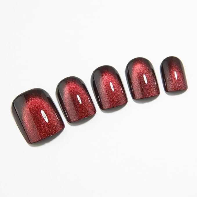Red Press on Nails Short Square, Cat Eye Press on Nails, Fashion Gel Fake Nails, Reusable Acrylic Fake Nails, Glossy Stick on Nails for Women Girls Gift, Glue on Nails Kit, Obsidian Flame