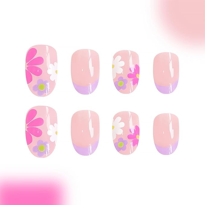24Pcs Pink Press on Nails Short Almond Fake Nails Nude Pink with Nail Tips Manicure Design Summer Flower False Nails Stick on Nails Full Cover Artificial Glue on Nails for Women Acrylic Manicure Salon
