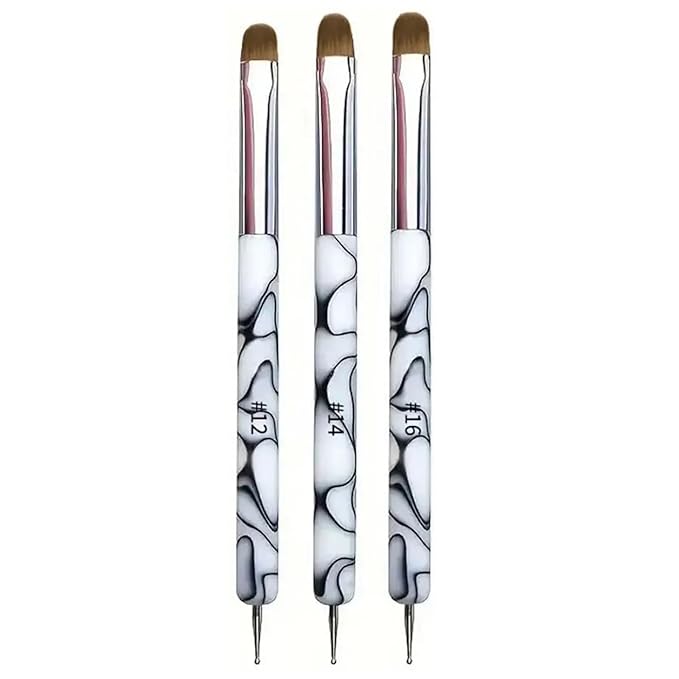 3Pcs Double Head Nail Art Brushes & Dotting Tools Kit (White), French Tip Nail Brush Set, Builder Gel Nails, DIY Acrylic Nail Design Tool for Salon & Home Manicure Beginners/Artists