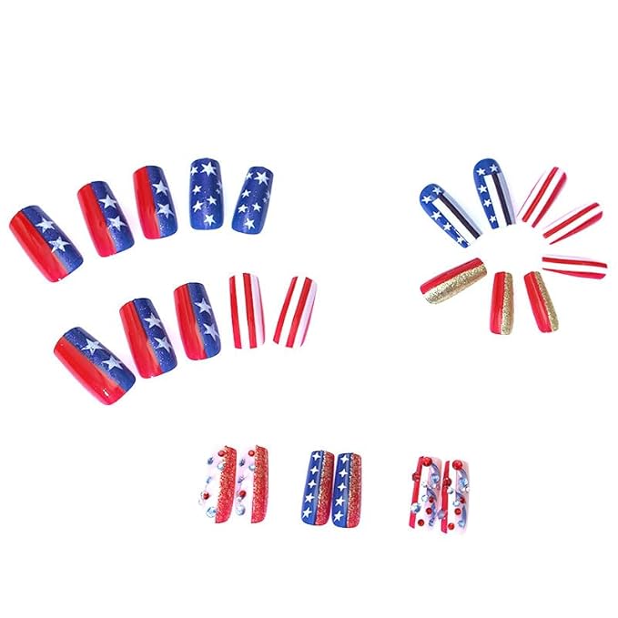 Independence Day Press on Nails Medium Square Fake Nails with Blue & Red Rhinestone Designs Glitter Stripe False Nails for Women Independence Glue on Nails Full Cover Stick on Nails 24Pcs
