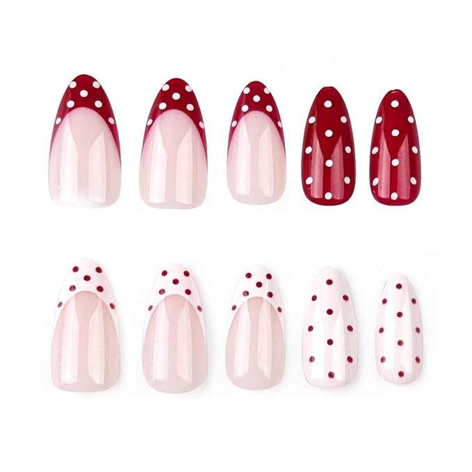Polka Dot Press on Nails Medium Almond Fake Nails White Red French Nails Press ons with Polka Dots Design,Reusable Artificial Nail Full Cover Stick on Nails for Women Manicure 24Pcs