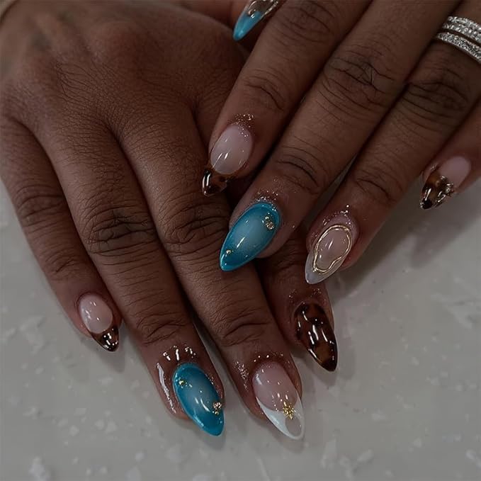 Press-On Nails Set - Almond Shape, Pink Blue Leopard Design with Gold Accents, Reusable Adhesive Nails for Women