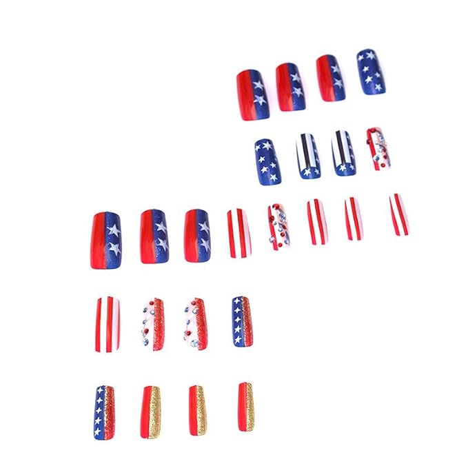 Independence Day Press on Nails Medium Square Fake Nails with Blue & Red Rhinestone Designs Glitter Stripe False Nails for Women Independence Glue on Nails Full Cover Stick on Nails 24Pcs