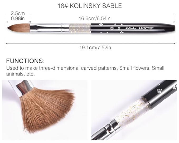 Size 18# Black 100% Kolinsky Sable Acrylic Nail Art Brushes UV Gel Nail Painting Pen Brushes (Size 18)