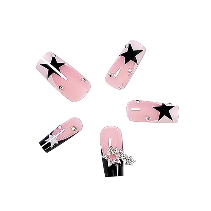 Press on Nails Medium Square French Tip Black White Star False Nails with Designs Star Charm Y2K Acrylic Nails Glossy Glue on Nails Full Cover Manicure Artificial Nails for Women Girls 24Pcs