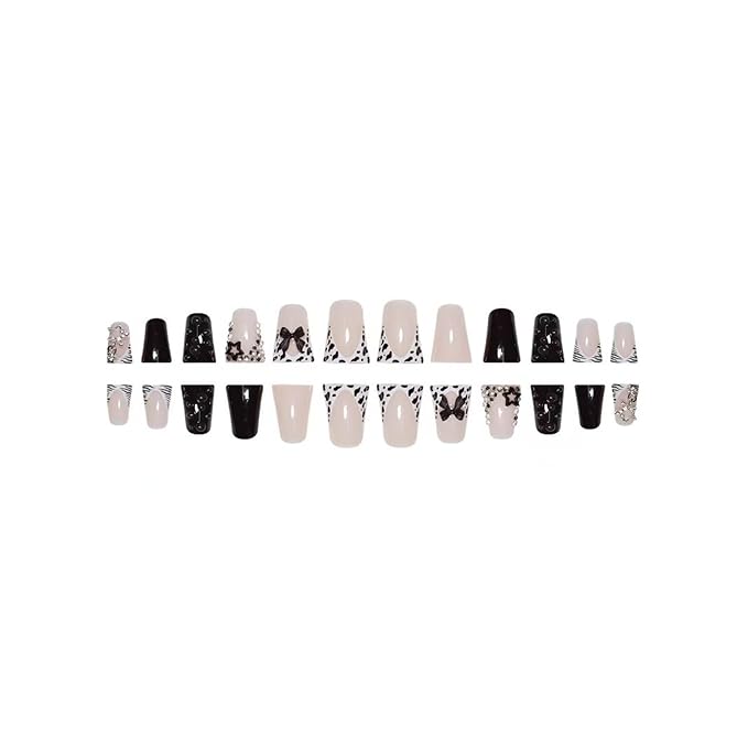 Black Nails Press ons Duck Fake Nails White French Tip False Nail with Star Design Glossy Full Cover Glue on Nail Reusable Artificial Acrylic Bow Stick on Nail for Women Manicure 24Pcs