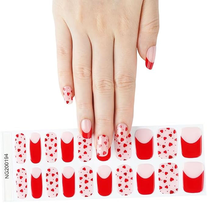 Semi Cured Gel Nail Strips Valentines Day Red Heart Gel Nail Wraps Gift for Women UV Light Required Nail Art Stickers Pegatinas Uñas Nail Decals Nails Sticker