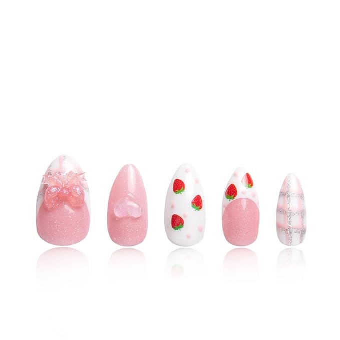 LOVFUL Press on Nails Strawberry Mousse | Handmade with Full Covered Crystals | Reusable Fake Nails | Almond Regular 1.0 in | H286-S