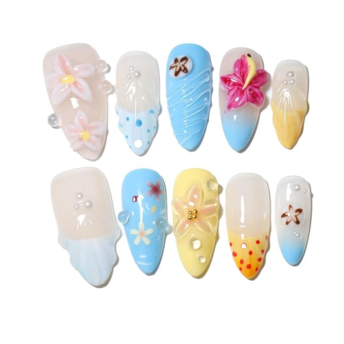 10Pcs Medium Almond Handmade Press On Nails | Tropical Ocean Theme with 3D Flowers, Seashell & Pearl Decor | Easy to Apply, Remove & Reusable, Salon-Quality (A009, S)