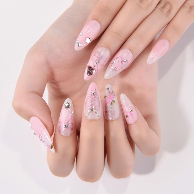 evpct Spring & Summer Press on Nails Medium Almond, Warm Pink Fake Nails Press ons with 3D Flower Design, Light Weight Perfectly Fit Fake Nails for Women Gift, Fake Nail Kit with Kits Gel, 24Pcs