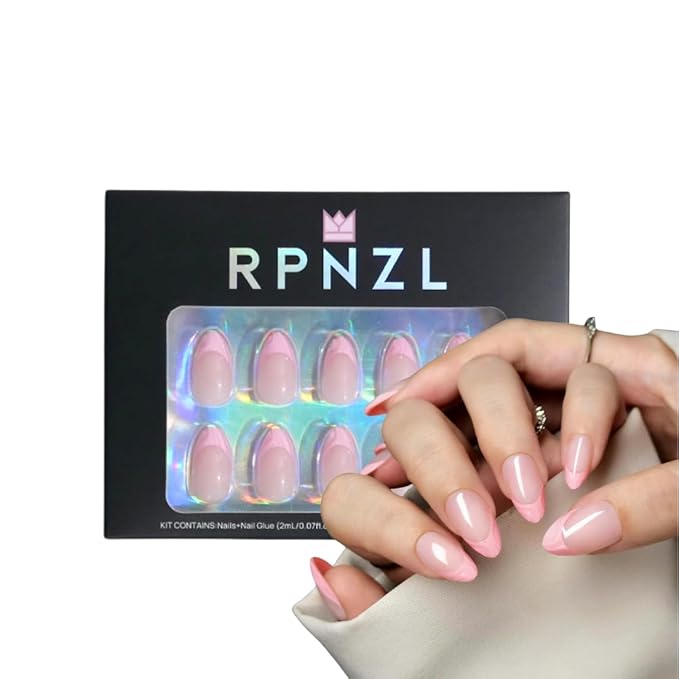 Press On Nails - BubbleGum French | 3D Pink French Tip, UV Finish Almond Nails, Reusable | 32 Nails, 16 Sizes Kit with Glue and Adhesive Tabs I Female Founded