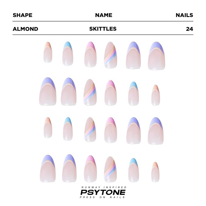 PSYTONE Colorful French Tip Press on Nails Short Square Cute Rainbow Fake Nails Press ons Glossy Full Cover Glue on Nails Natural Nude False Nails Acrylic Stick on Nails for Women Girls 30 Pcs