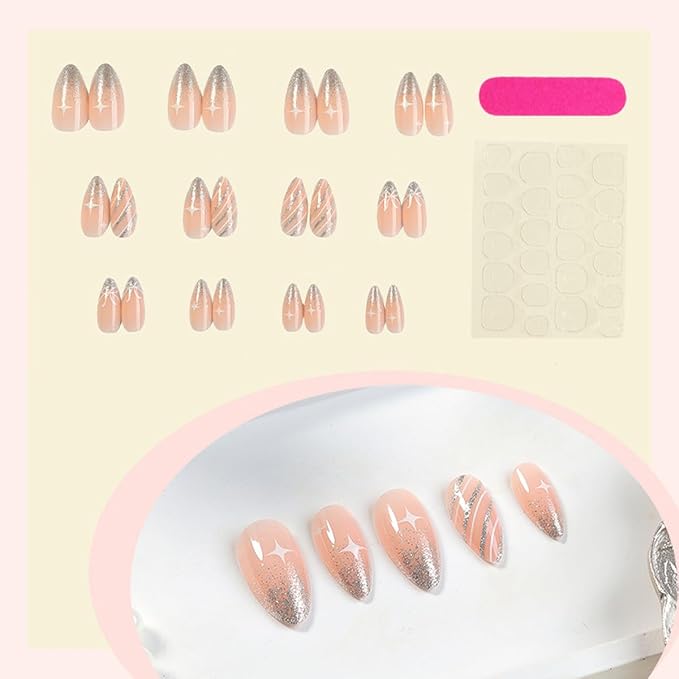 Holiday Press on Nails Short Almond Fake Nails Christmas Nails Press ons with Silver Glitter Design Full Cover Stick on Nails for Women Festive Manicure,Reusable | Nail Sticky Tab | Easy Apply | 24Pcs