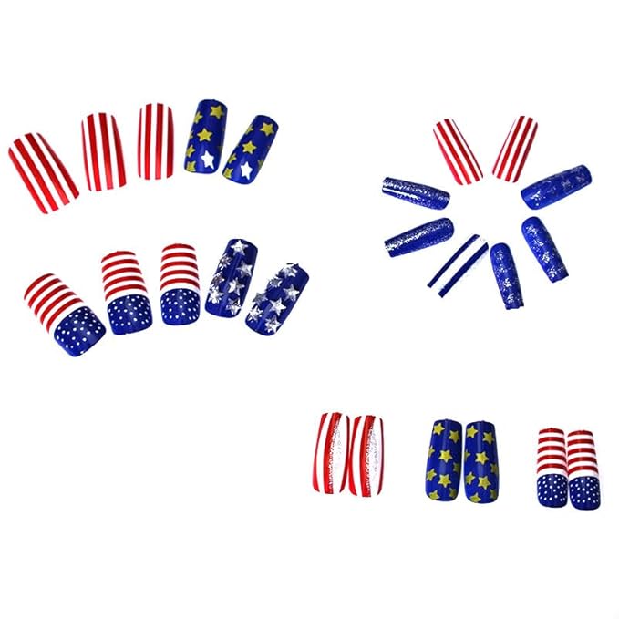 Press on Nails Independence Day Medium Length Fake Nails Red Stripe Glossy False Nails with 3D Star Designs 4th of July Reusable Acrylic Nails Square False Nails for Women Girls 24Pcs
