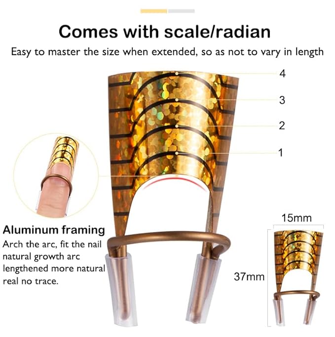 AKOAK 10 Pieces Reusable UV gel Acrylic Nail Art Tips Extension Guidance Form Tool, Nail Extension Metal Aluminum Holder, Nail Salon Home Accessories (Gold)