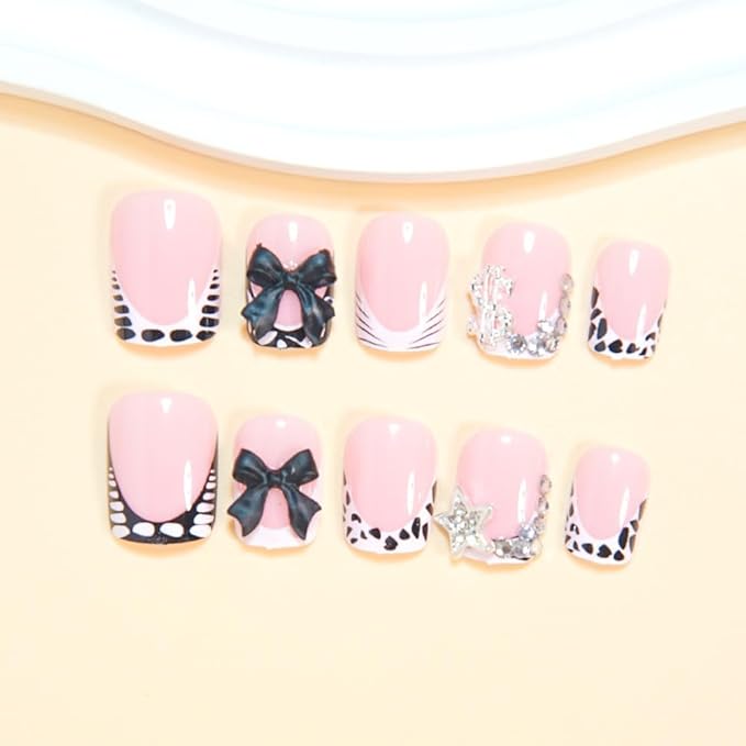 Short Press on Nails - Square Fake Nails with Bow Star Charms Design - French Tip False Nails Stick on - for Women 24 Pcs