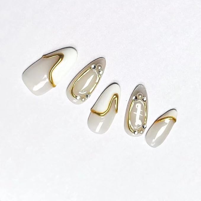 Women Press On Nails - Medium Almond False Nails 10Pcs Luxury Handmade 3D Painting Art ABS Acrylic Artificial-Medium Size