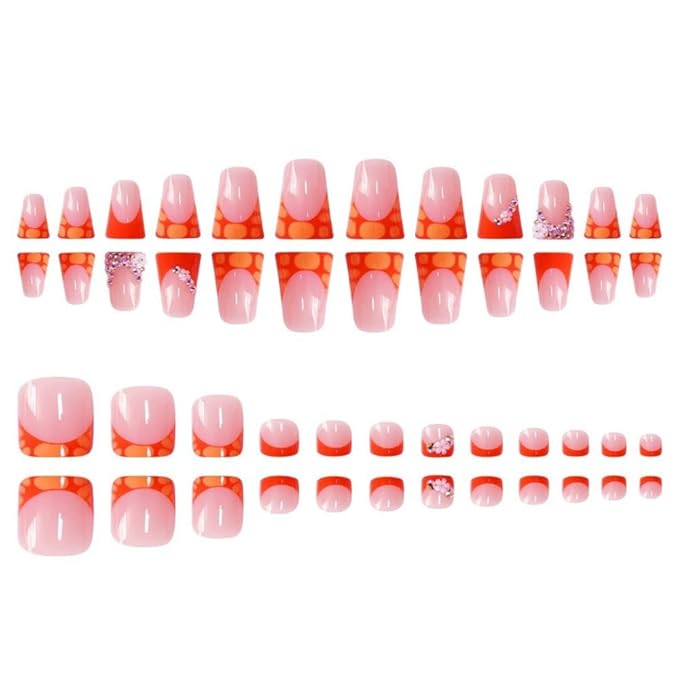 48Pcs Orange French Tip Press on Nails Medium Duck Fake Nails with Flower Rhinestones Design Short Square Press on Toenails Crocodile Print False Toenails Floral Fake Toenails for Women Girls Manicure