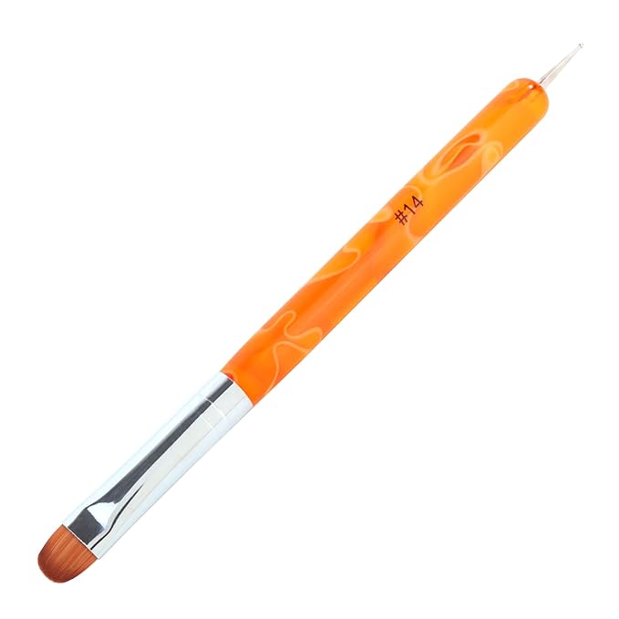 French Manicure Brush -Two Way Nail Art Brush with Dotting Manicure Tool for Manicure Cuticle Clean Up Nail Art Design- Professional Nail Salon Quality Brush, Nail Dotting Pen (14#, Orange)