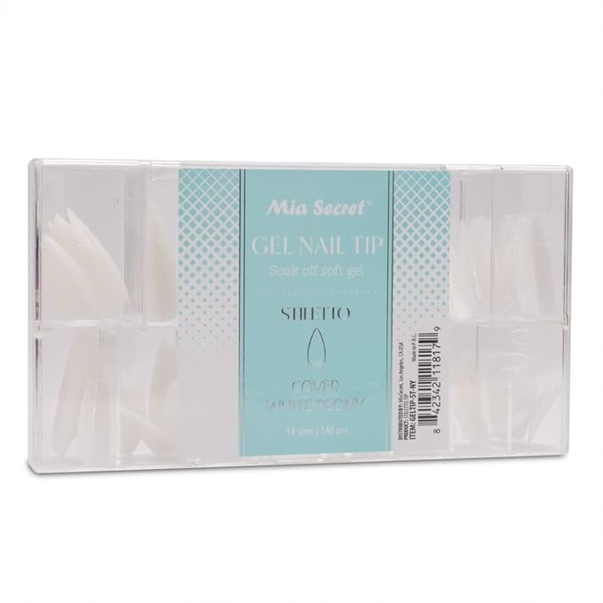 Mia Secret Soak off Soft Gel Nail Tip MADE IN USA for Salon and DIY (White Peony, Stilleto)