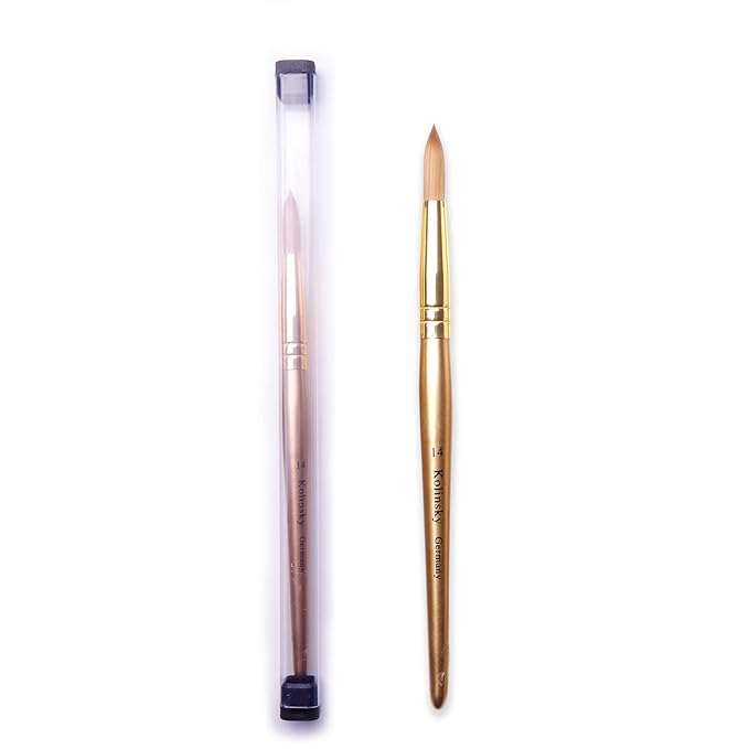 Acrylic Nail Brush Size 14, Kolinsky Acrylic Nail Brush for Acrylic Powder, Application Nail Art Drawing Brush for Extension Nails Carved for Beginners and Professionals (14#, Gold)