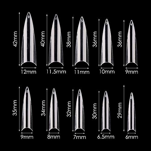 600pcs Stiletto Nail Tips Long Shape Clear Half Cover False Nail Art Tips ，DIY Nail Salon Art 10 Size with Bag