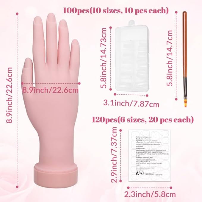 Practice Hand for Acrylic Nails Flexible Bending Nail Practice Hand Training Fake Hand Nail Hand Practice Tools with 100PCS Nail Tips, 120PCS Jelly Double Sided Nail Adhesives and 9PCS Brush