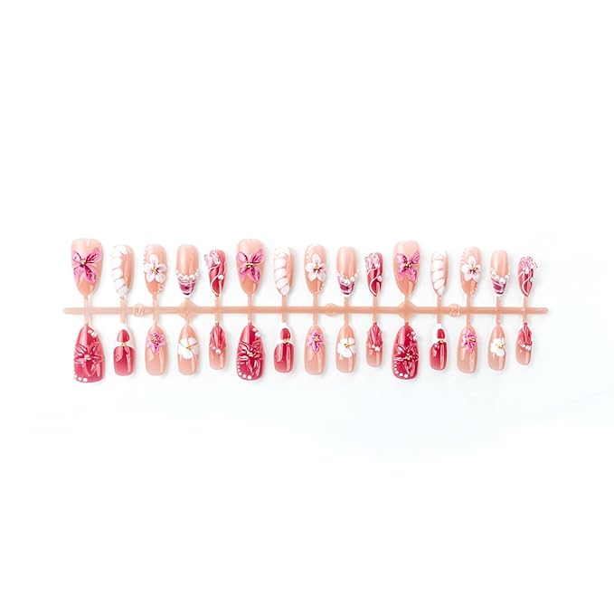 Flower Press on Nails Medium Almond Fake Nails Butterfly Flower Nails Press Ons with 3D Design Glossy False Nails Pearl Glue on Nail Summer Spring Stick on Nail for Women Decorations 30Pcs