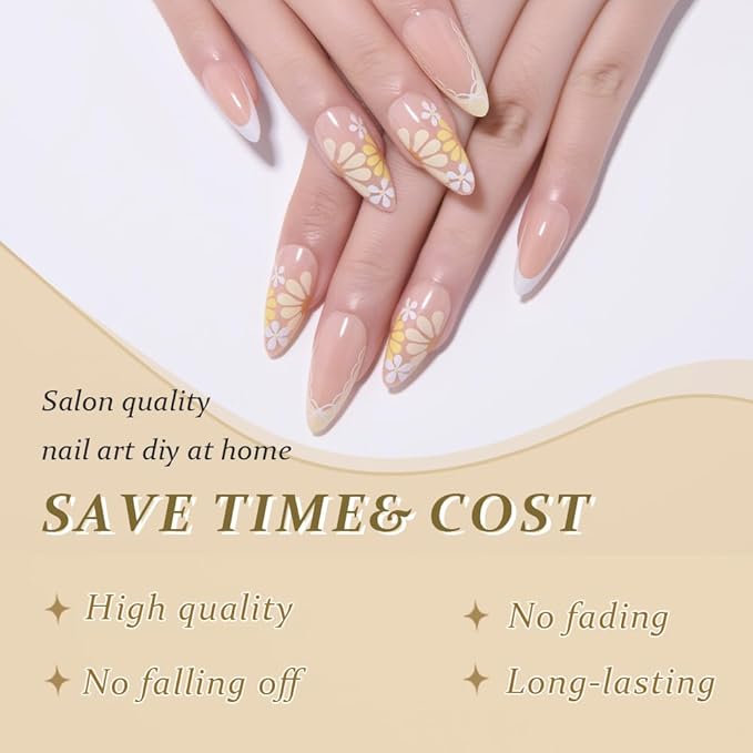 evpct Flower French Tips Press on Nails Short Almond for Women Gift, Nude + Yellow Tips, Glossy Soft Gel Press Stick on Nail with Nail Kit, Supremely Fit Full Cover, Reusable Acrylic Fake Nails Kit