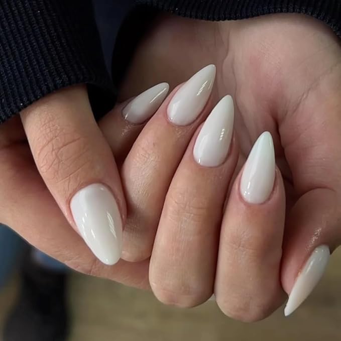 Frost White Press on Nails Almond Shaped Medium Almond Nails Press on Neutral Acrylic Nails Reusable Fake Nails for Women Girls, Glue on Nails Medium Length Stiletto False Nails Gel Artificial Nails
