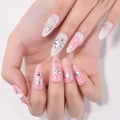 evpct 3D White Pink Handmade Press On Nails Almond Medium, 3D Crystal Heart Design Fake Nails Rusable for Spring & Summer Daily Wear, False Acrylic Nail with Kits Press ons Nail for Women Gift, 24Pcs