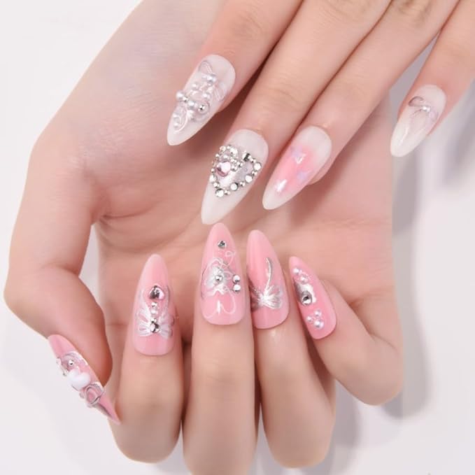 evpct 3D White Pink Handmade Press On Nails Almond Medium, 3D Crystal Heart Design Fake Nails Rusable for Spring & Summer Daily Wear, False Acrylic Nail with Kits Press ons Nail for Women Gift, 24Pcs