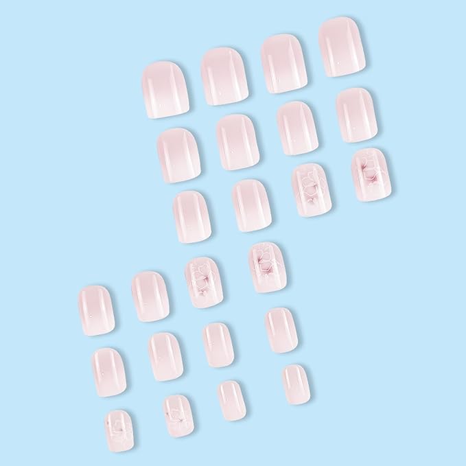 Flower Press on Nails Short Oval Fake Nails Ombre False Nails with Cute Design Glossy Glue on Nails Gradient Stick on Nail Full Cover Acrylic Artificial Nail for Women Manicure 24Pcs