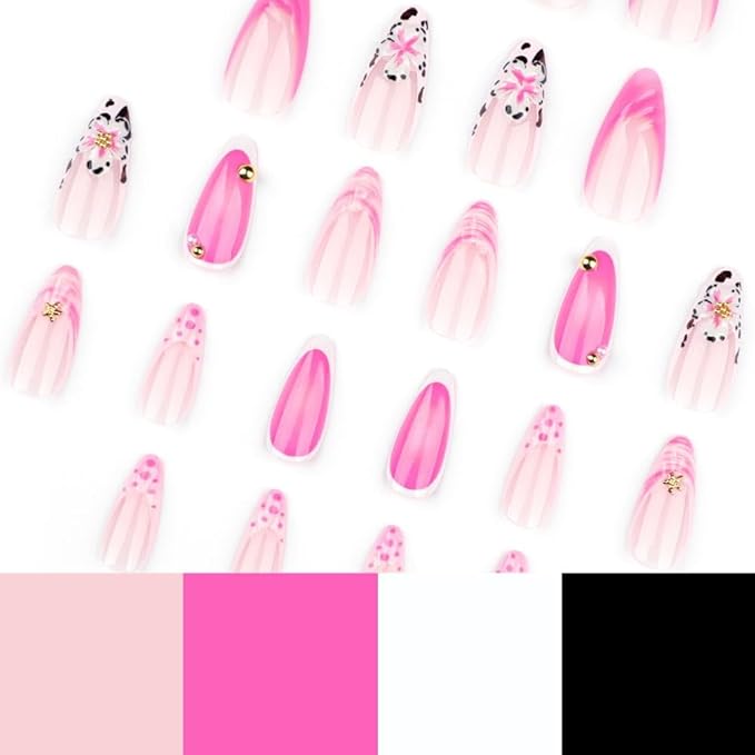 Handmade Press on Nails Medium Almond Fake Nails with White Flower Charm Design Pearl French Tips False Nails Seashell Starfish Stick on Nails Glossy Summer Glue on Nails for Women Manicure 24Pcs