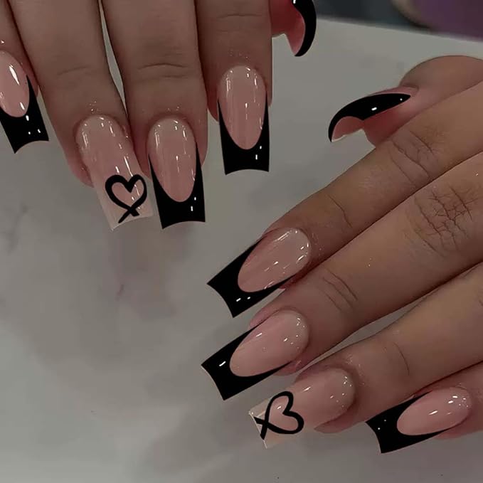 Black French Tip Press on Nails Coffin - Medium Fake Nails with Heart Design - Glossy Full Cover Stick on Press ons for Women Manicure Kit 24 Pcs