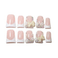 10Pcs Duck-shaped Handmade Press On Nails | French Style with 3D Floral & Rhinestone Decor | Easy to Apply, Remove & Reusable, Salon - Quality (25104, M)