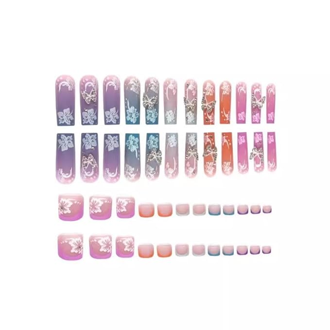 48Pcs Colorful French Tips Press on Toenails White Flower Press on Nails Long Square False Nails with Butterfly Charm Design Pearl Fake Toenails Glossy Summer Fake Nails for Women Girls DIY Manicure