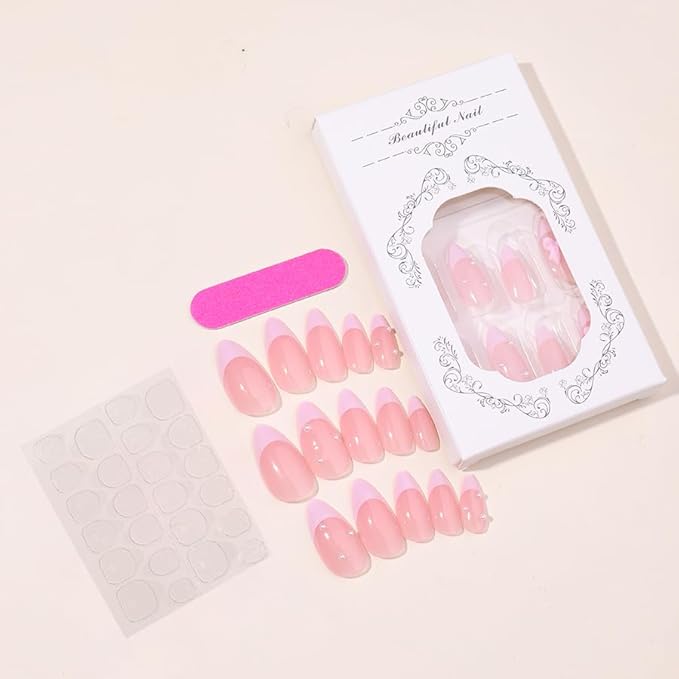 Press on Nails Pink Glossy 3D Flower French Fake Nails French Fake Reusable Nail Kit with Nail Glue Adhesive Tabs Mini Nail File for Women Manicure Art Decoration 24PCS