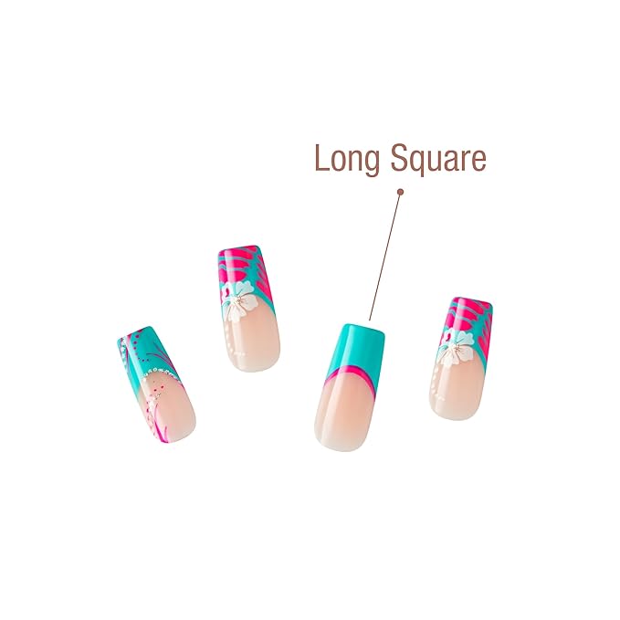 GoldFinger 24 Pcs Press On Nails, Long Square Fake Nails, Flower French Tip Gel Stick On Extensions, Reusable Full Cover False Nail Kit with Glue, Manicure Stick & File, 7 Day Long Lasting Wear