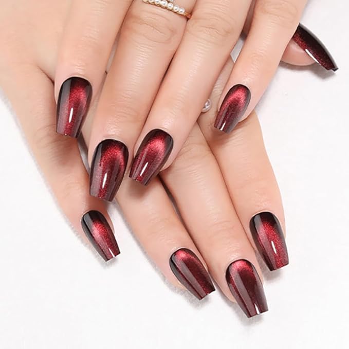 evpct Deep Burgundy Red Cat Eye Press on Nails Square Medium Coffin, Medium Square Stick on Nails for Women Gift, Dark Red Metallic Glitter Glossy Reusable Spring Summer Gel Press on Acrylic Fake Nail