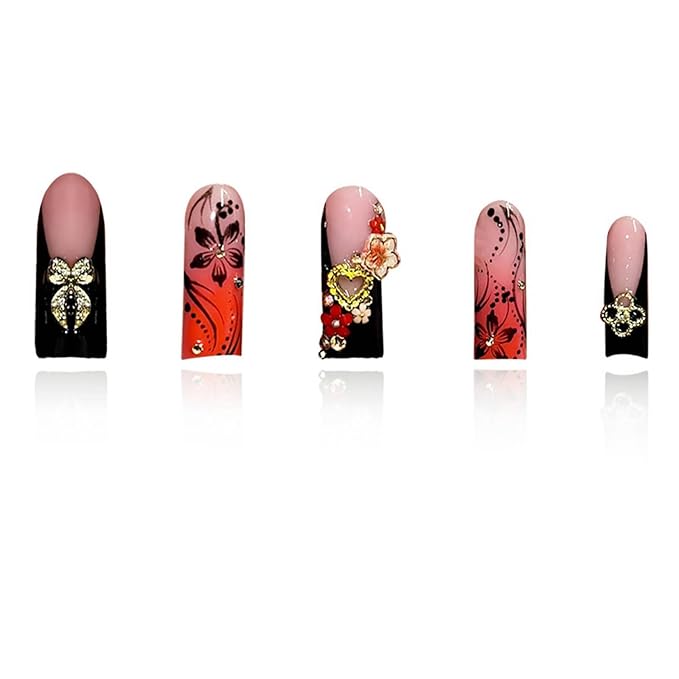 24Pcs Red French Tip Fake Nails Long Square Press on Nails pink Full Cover Glue on Nails with 3D Flower and Rhinestones Designs False Nails Gold Metallic Heart Acrylic Nail for Women