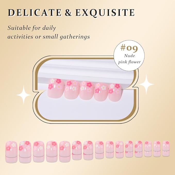 evpct Pink Flower Press on Nails Short Square, Glossy Cute Pink Fake Nails with Floral Design, Stick on Nail Press ons for Women Gifts, Soft Gel Acrylic Nail Perfectly Fit with Manicure Kit 30Pcs